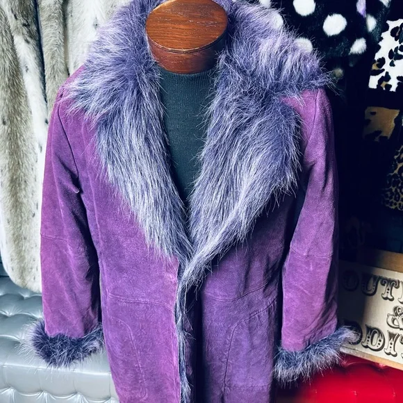 Newport News Vintage 80s PURPLE Suede Leather Faux Fur Lined Trench Coat - Picture 2 of 3